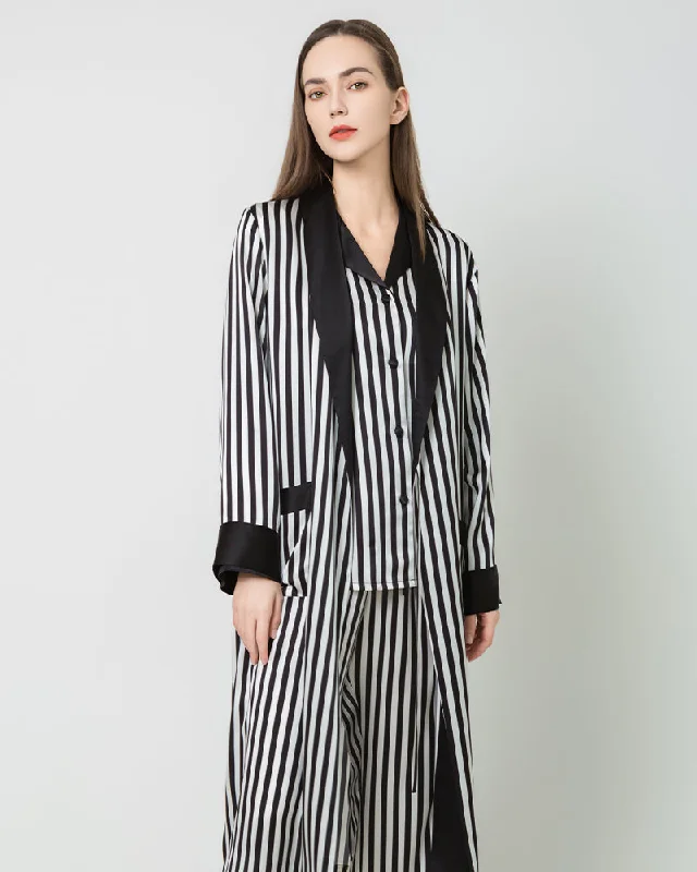 Women's Silk Satin Black And White Striped Long Robe