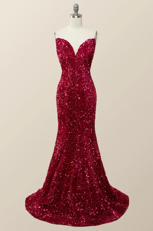 Strapless V Neck Fuchsia Sequin Mermaid Party Dress