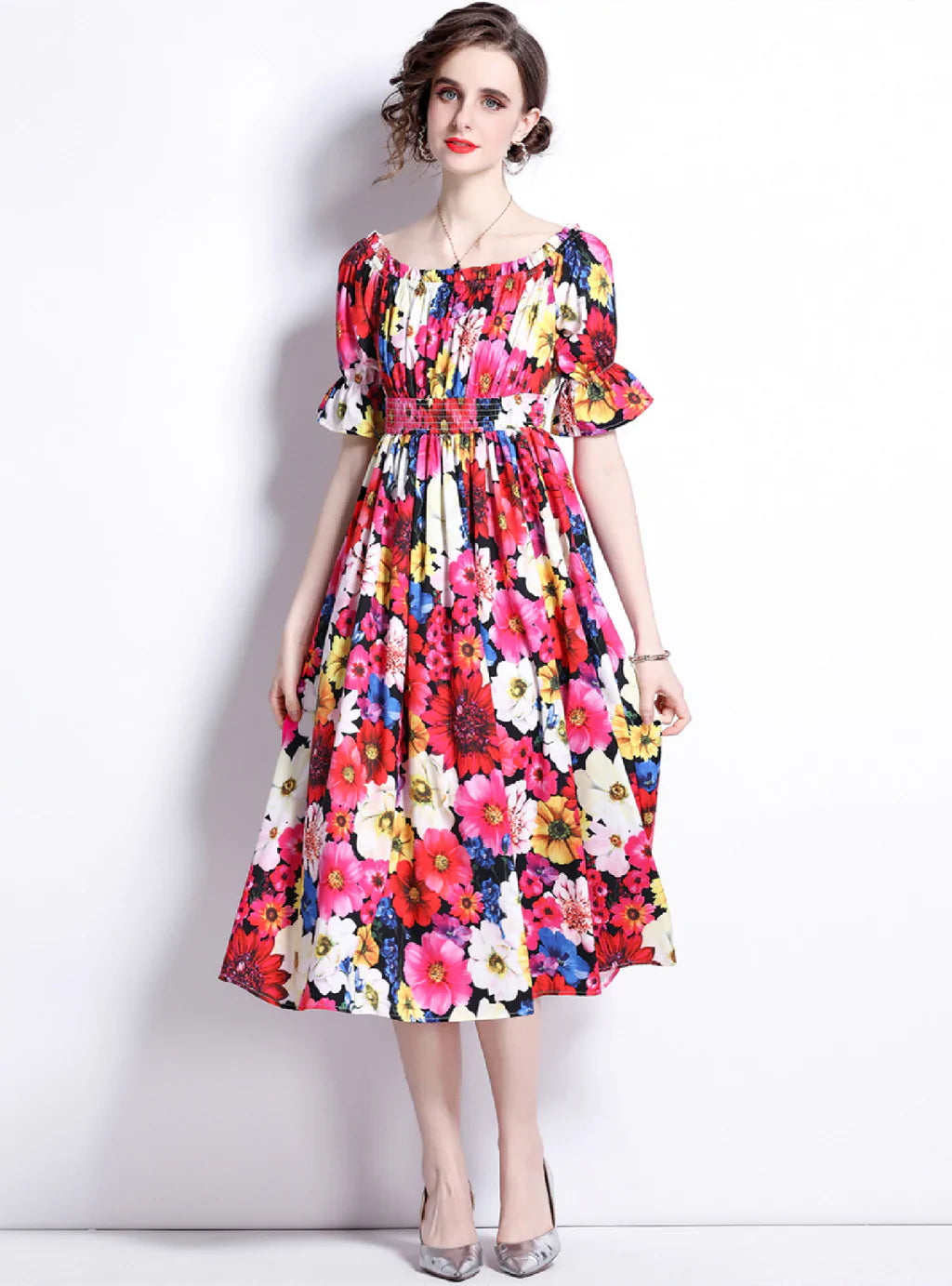 BEACH SHORT SLEEVE PRINTED ELASTIC WAIST DRESS