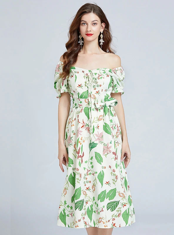 BUBBLE SLEEVE WAIST SLIM GREEN PRINT DRESS