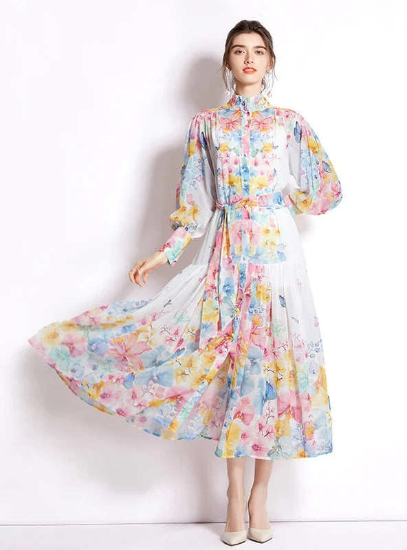 HOLIDAY COLLAR LANTERN SLEEVE PRINT DRESS