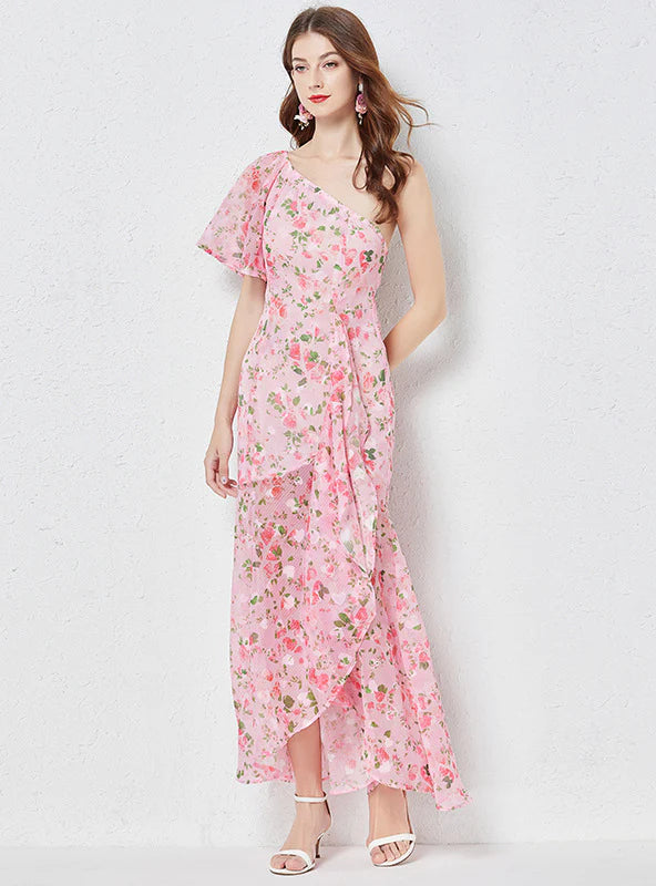 INCLINED NECK PRINT ASYMMETRIC RUFFLED DRESS