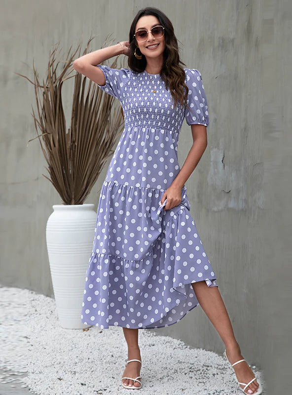 ROUND NECK BUBBLE SLEEVE POLKA DOT PRINT DRESS