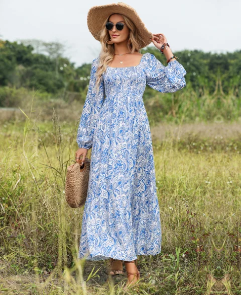 Fashion Square Collar Printed Long Sleeve Strapless Dress