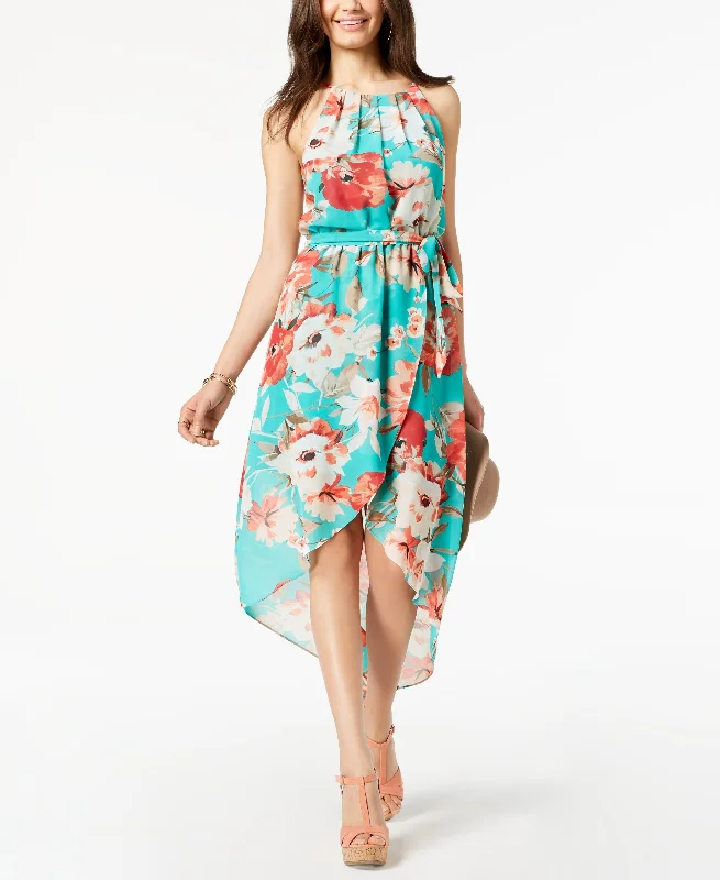 Juniors' Floral-Print High-Low Halter Dress