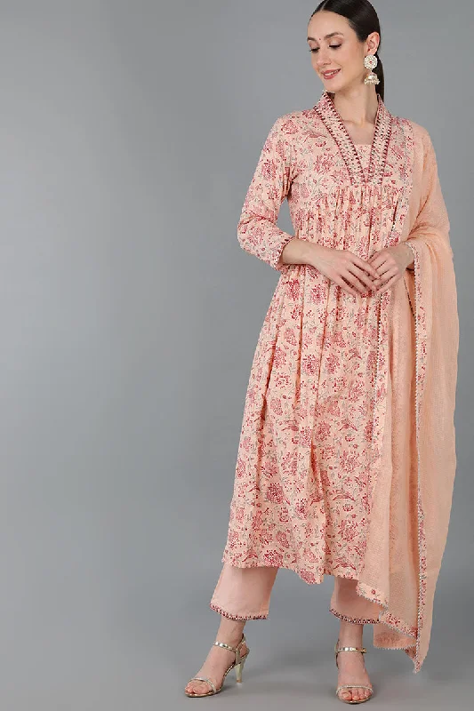 Women's Nude Pure Cotton Floral Anarkali Kurta Trousers With Dupatta - Rasiya