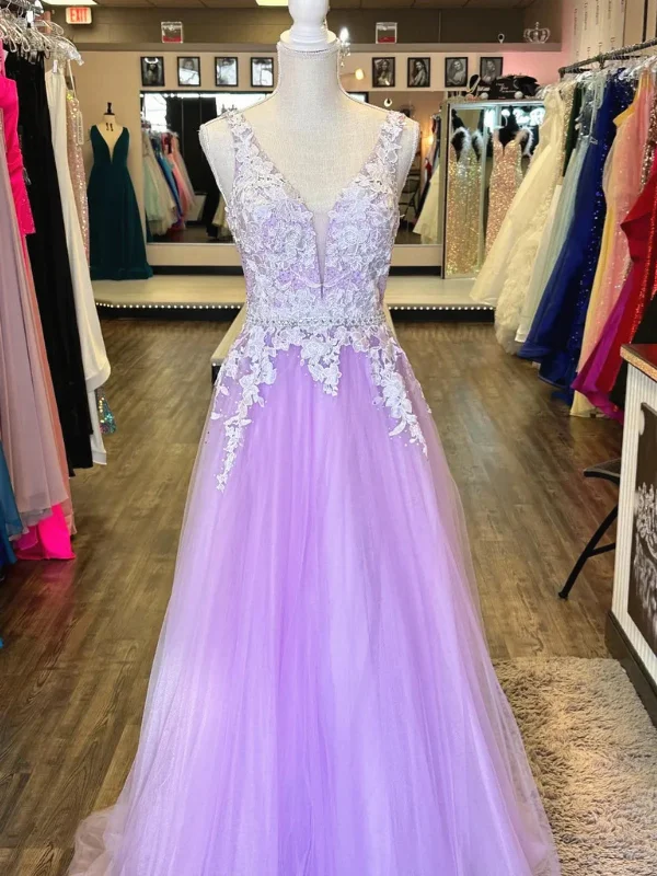 A Line V Neck Open Back Lace Lilac Tulle Long Prom Dresses, Long Lilac Formal Graduation Evening Dresses SP2860