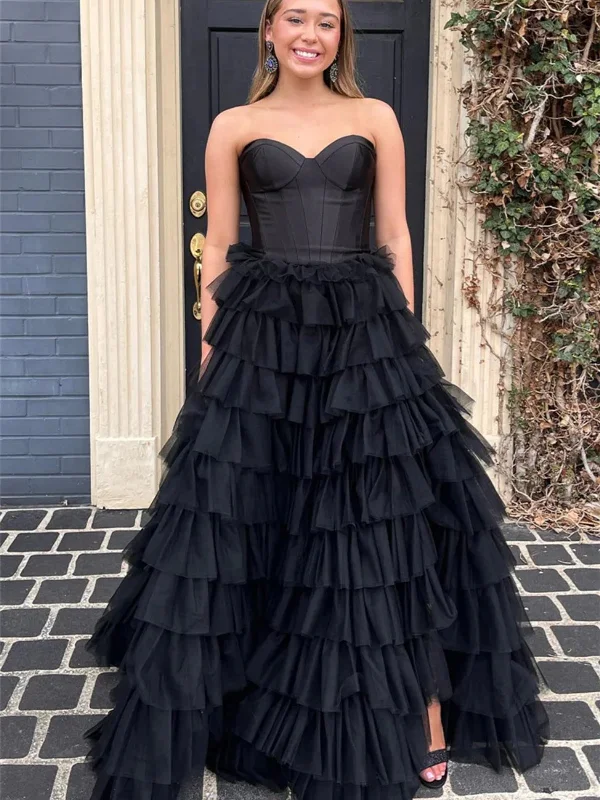 Sweetheart Neck Strapless Black Ruffle Tulle Long Prom Dresses, Black Formal Evening Dresses, Ball Gown SP2816